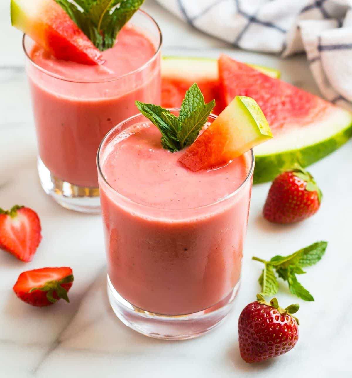 Cool, creamy watermelon smoothie with frozen strawberry and yogurt. The ...