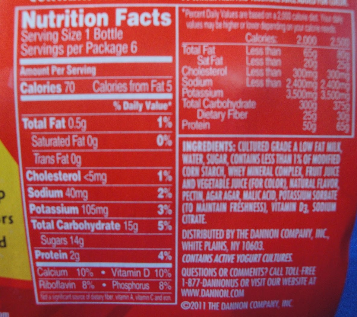 Danimals Yogurt Nutrition Label