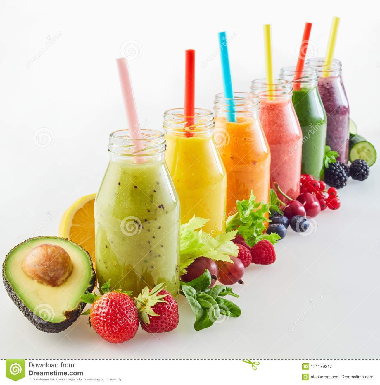 Different Fresh Fruit Smoothies with Ingredients Stock Image