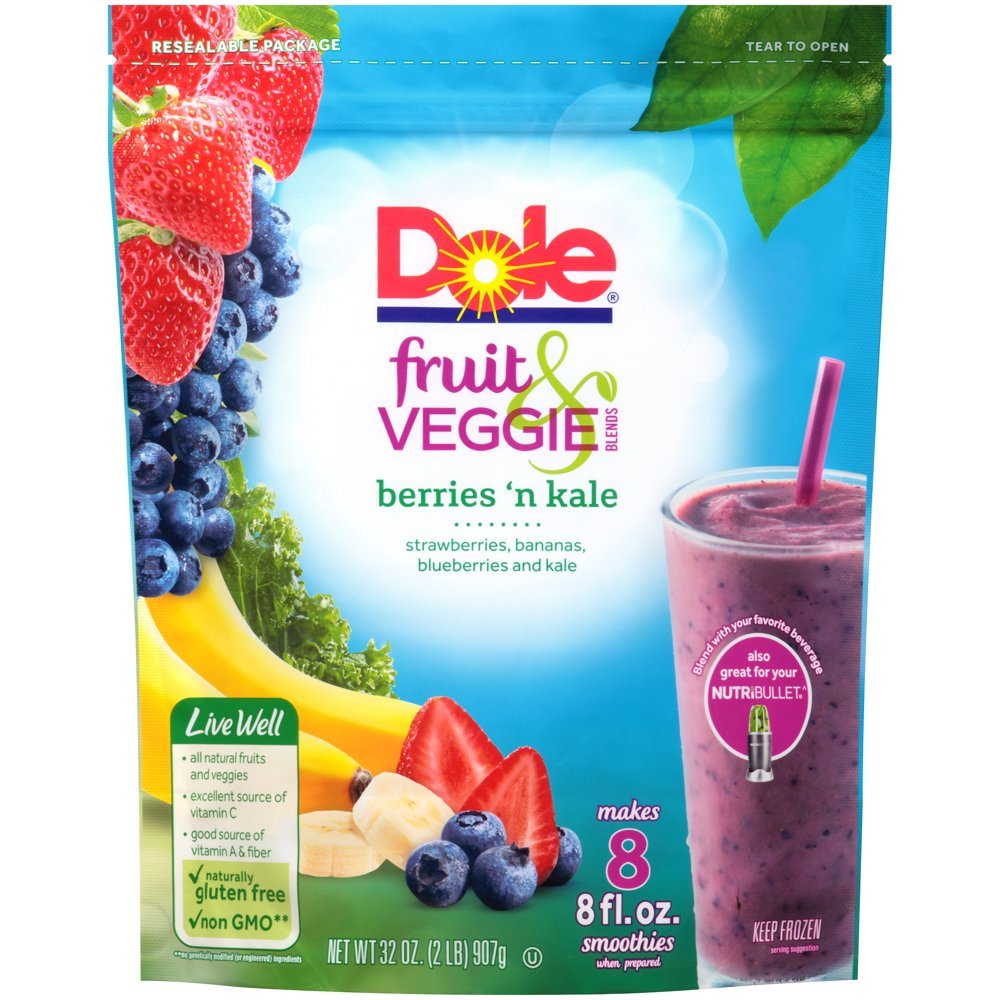 Dole Fruit &  Veggie Blends Smoothies, Mixed Berries and Kale Frozen Mix ...