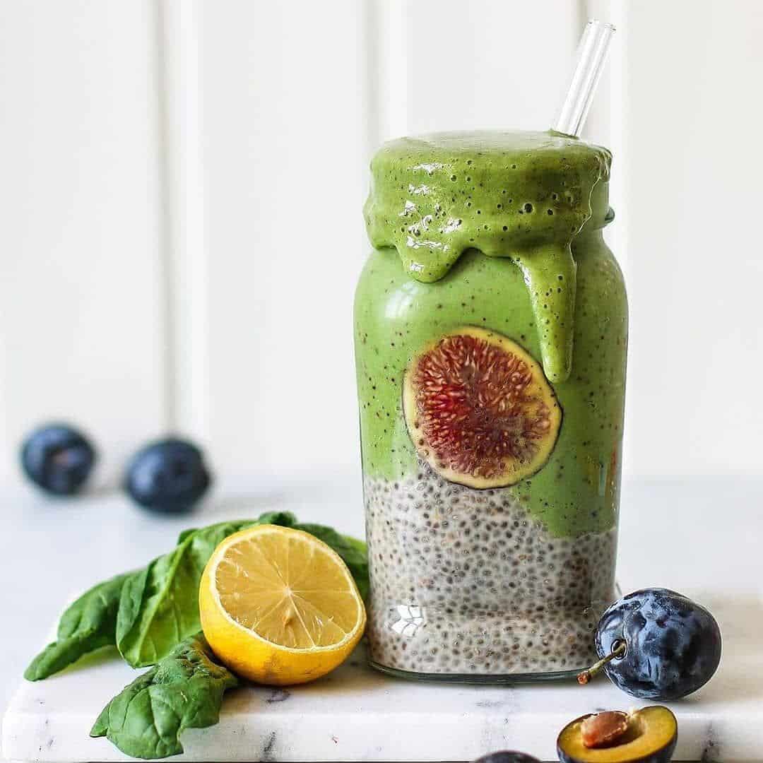 Green MORNING BOOST PROTEIN smoothie with spinach zucchini plums banana ...