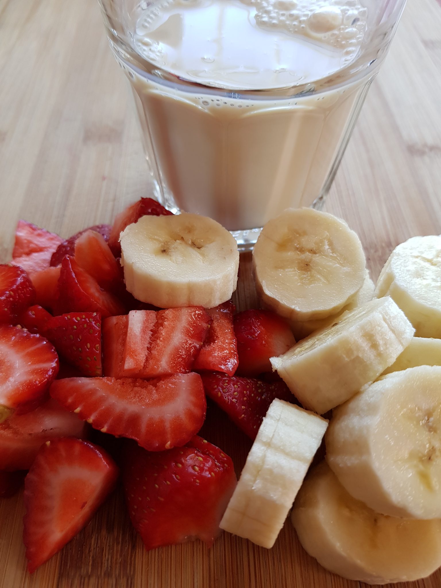 Strawberry, banana and vanilla milk smoothie