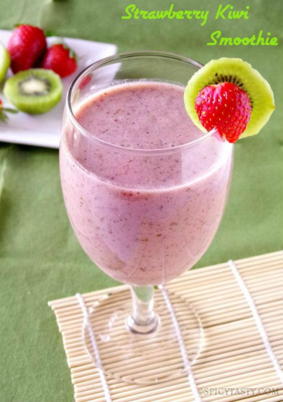 Strawberry kiwi smoothie with almond milk. (I