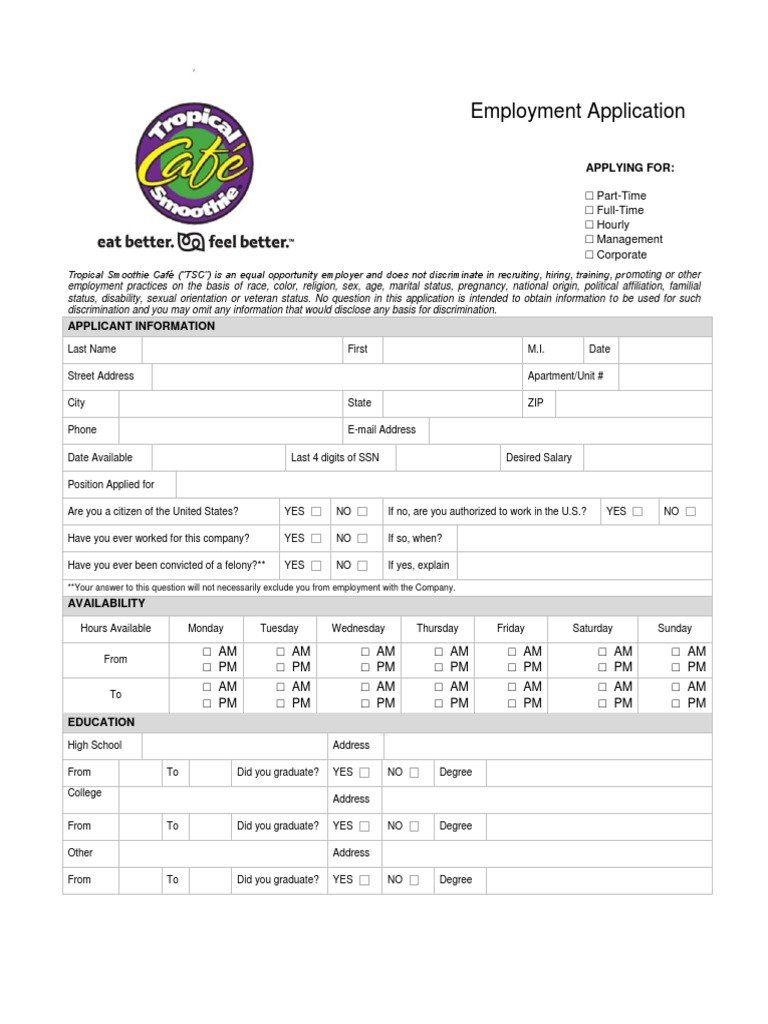 Tropical Smoothie Cafe Employment Application