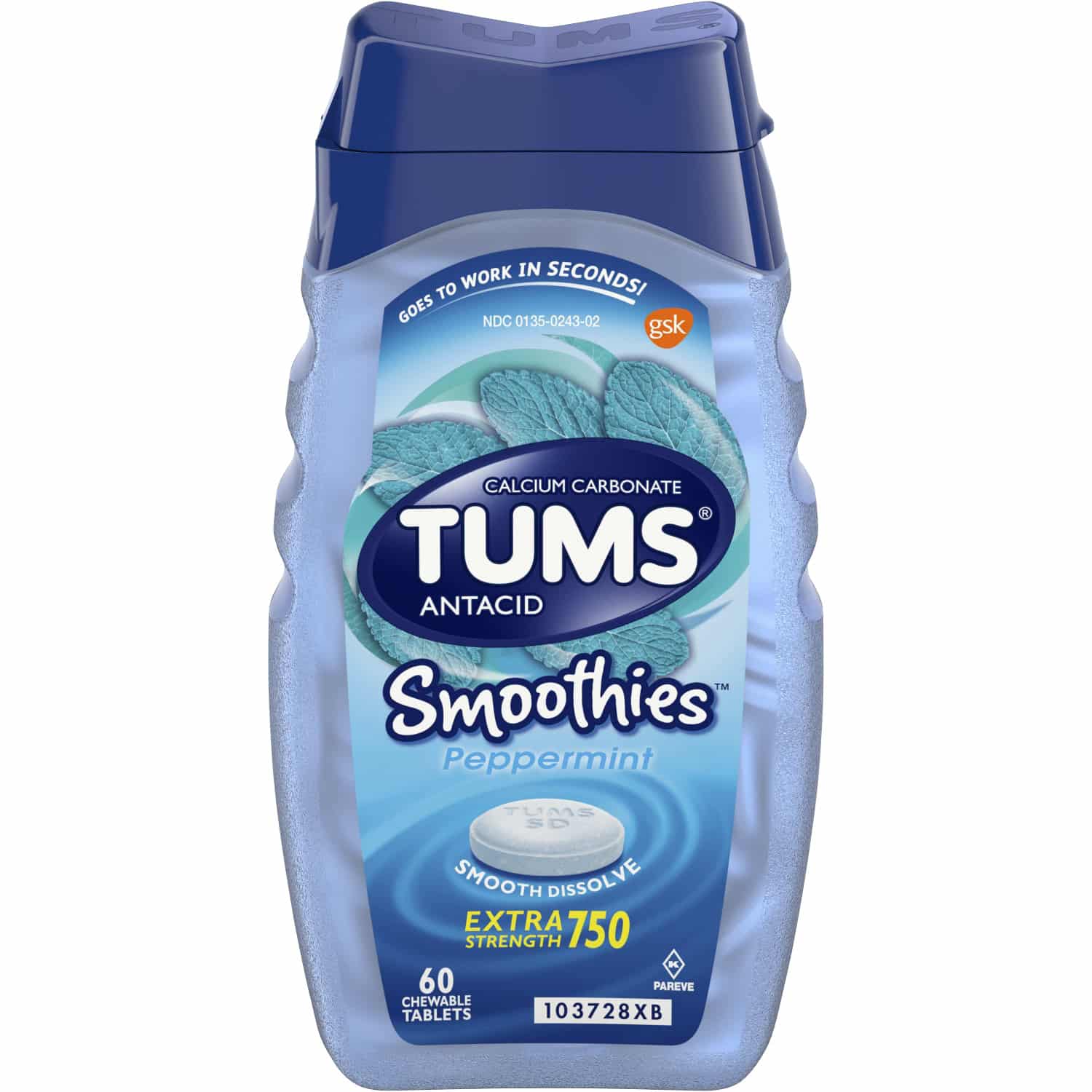 TUMS Smoothies Peppermint Extra Strength Antacid Chewable Tablets for ...
