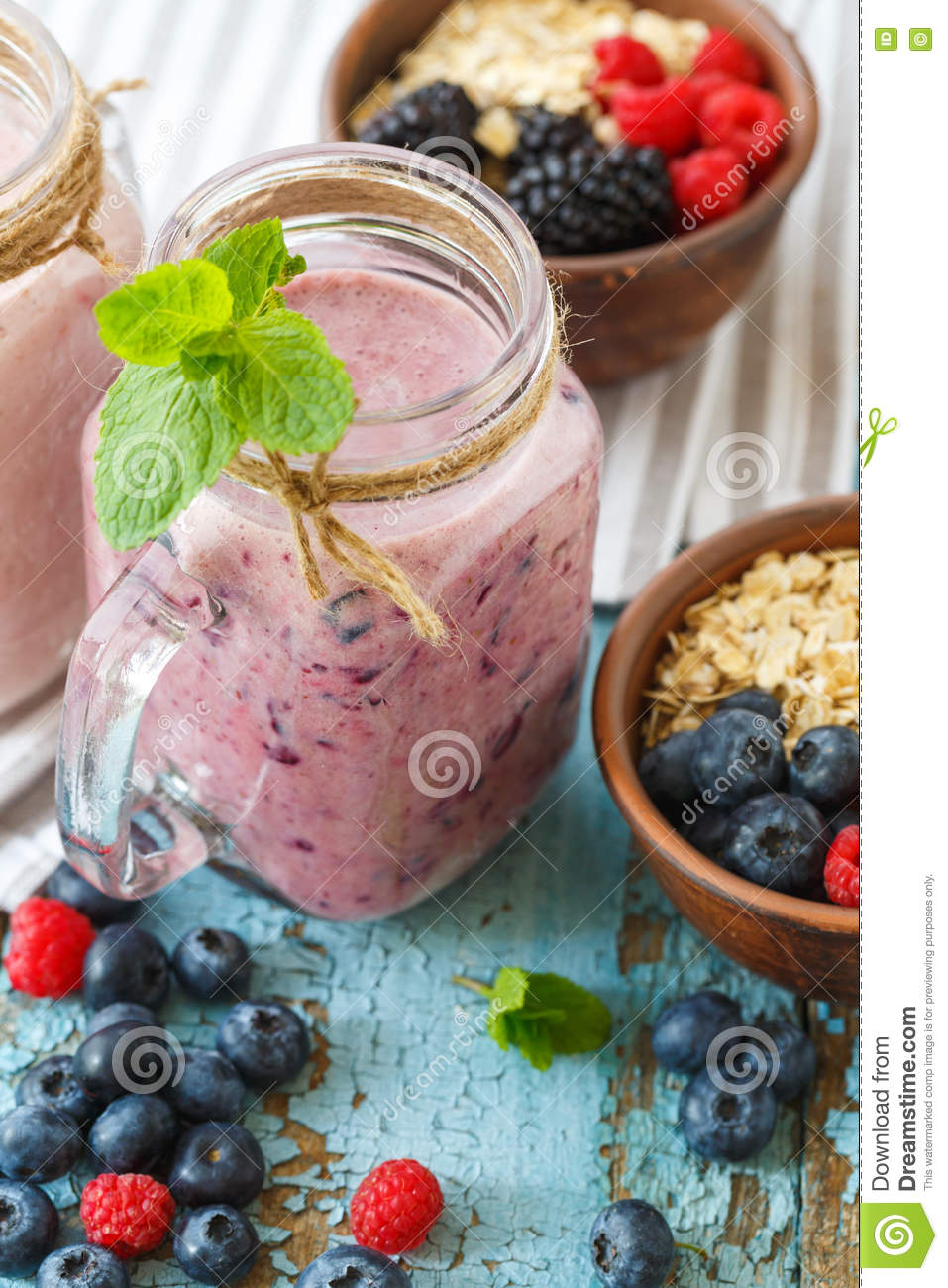 Well Being And Weight Loss Concept, Berry Smoothie And Oatmeal W Stock ...